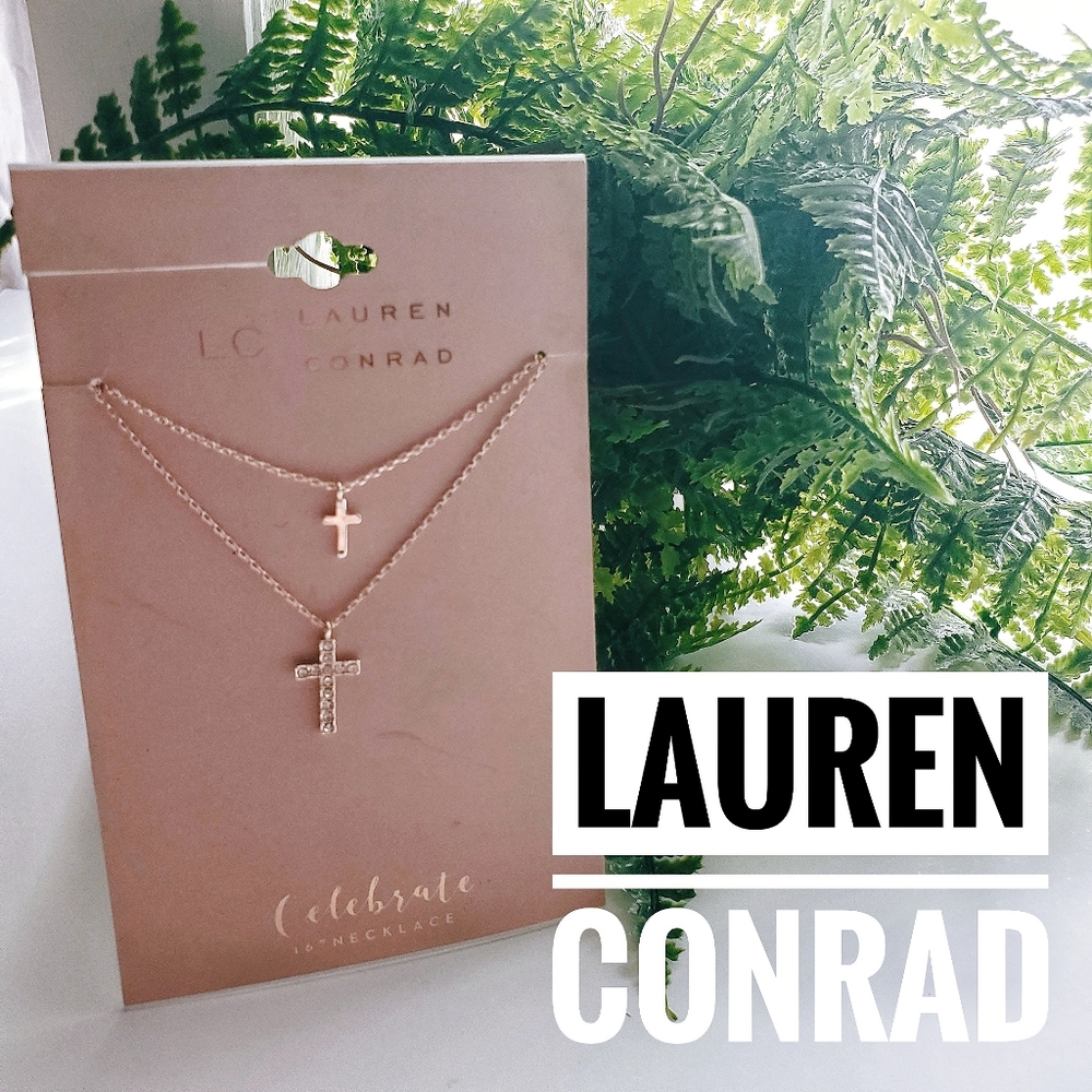 *NEW* LC Lauren Conrad Rose Gold/Diamond Layered Cross Necklace Set